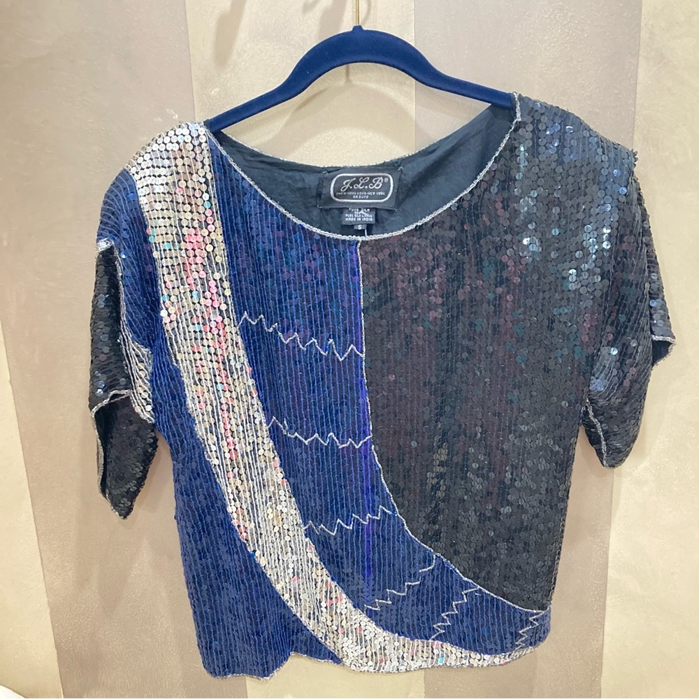 Vintage Sequin Top in Blue, Black and silver.  Silk.